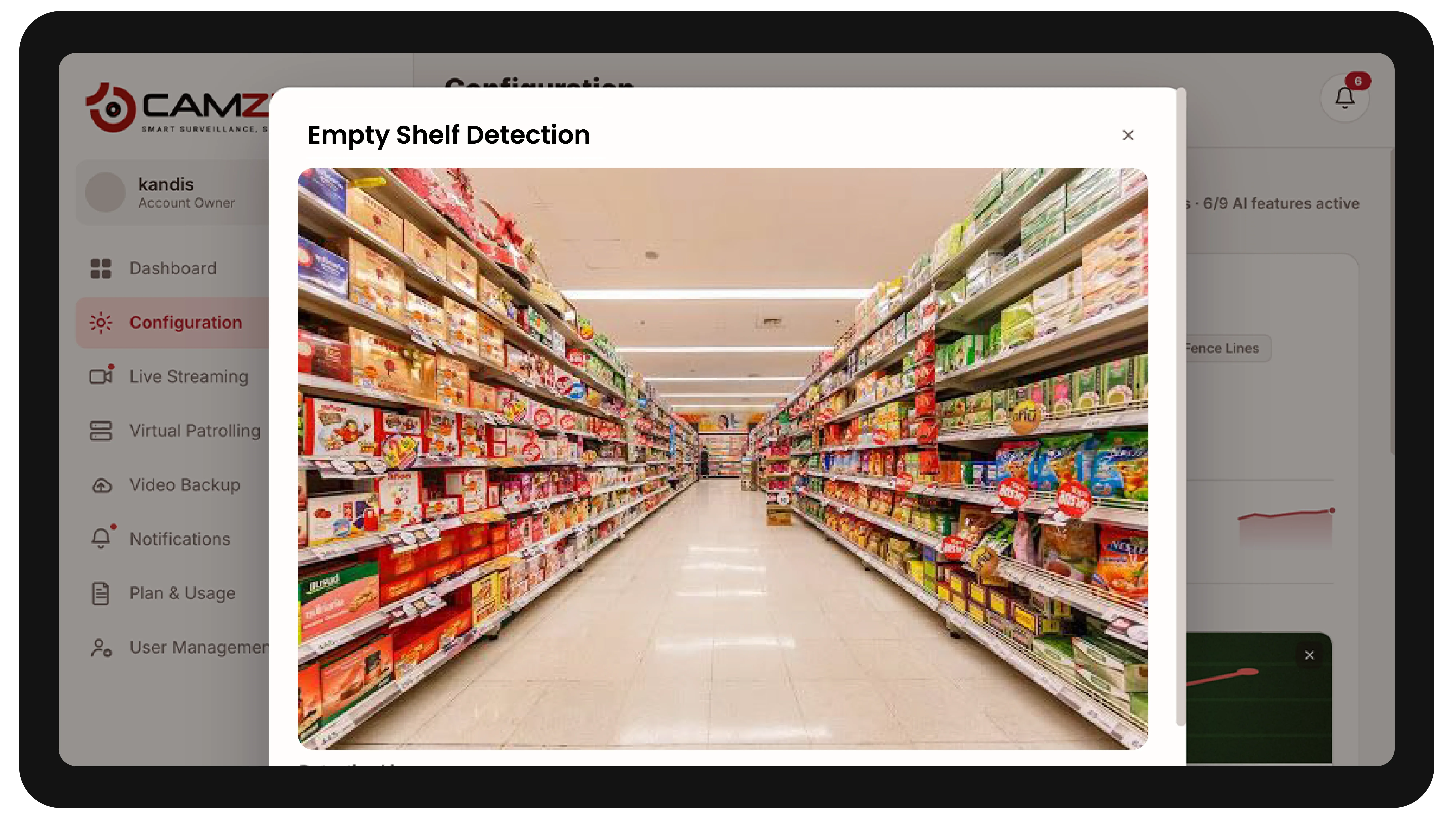 The console configuring a detection on a retail camera, the zone drawn over the live frame