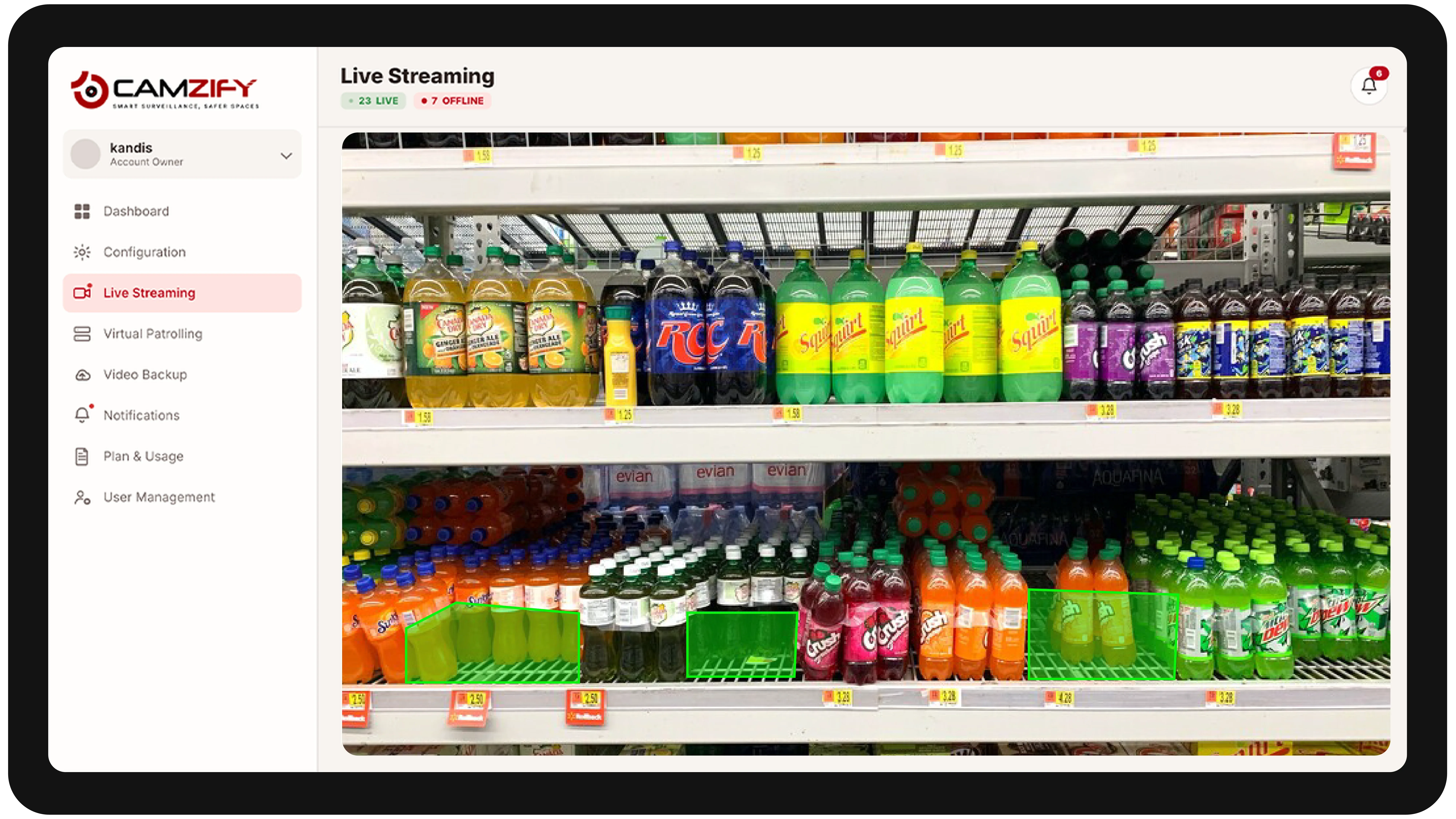 Live streaming from a retail camera with people and vehicles outlined as they are tracked