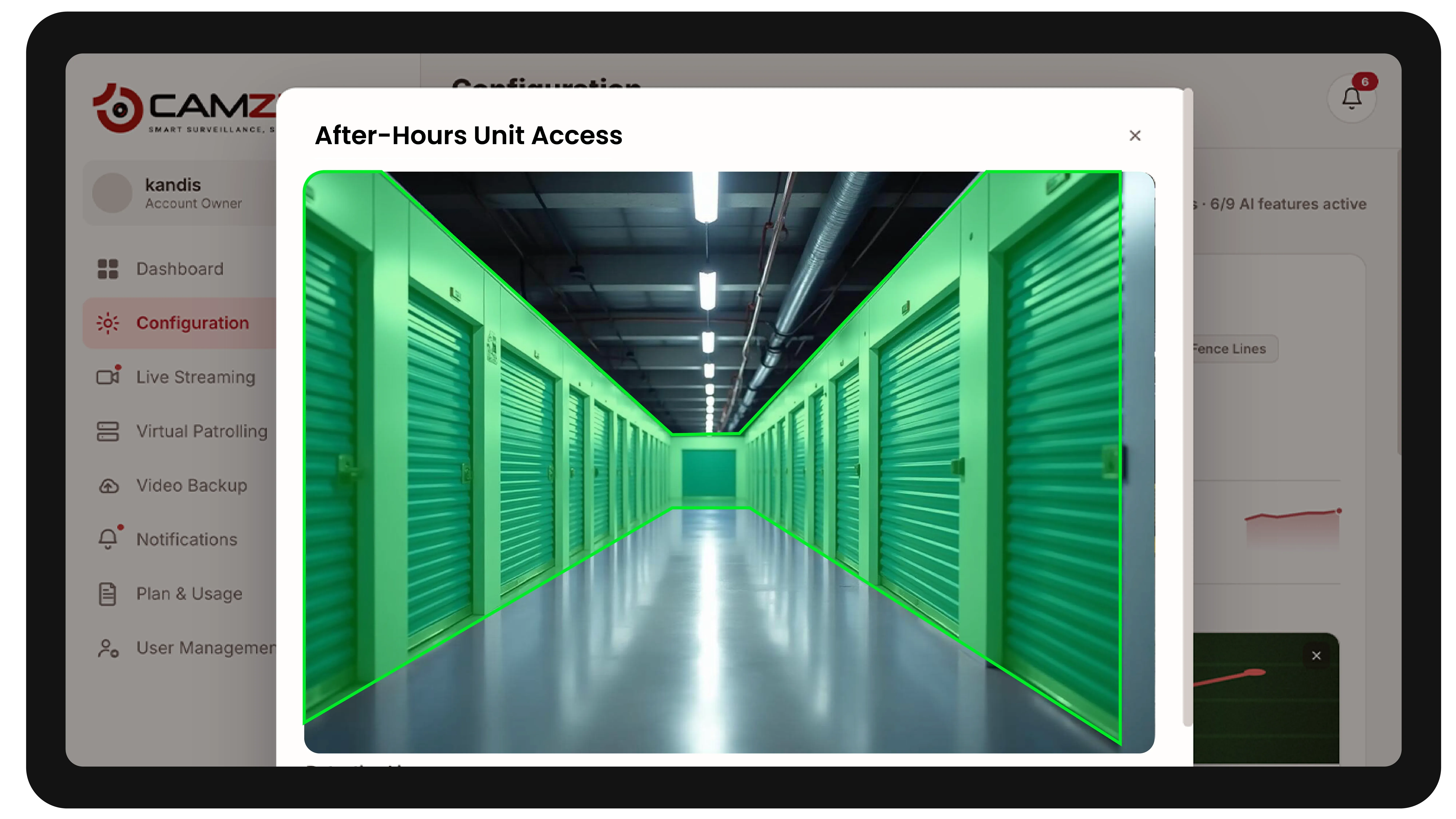 The console configuring a detection on a self-storage camera, the zone drawn over the live frame