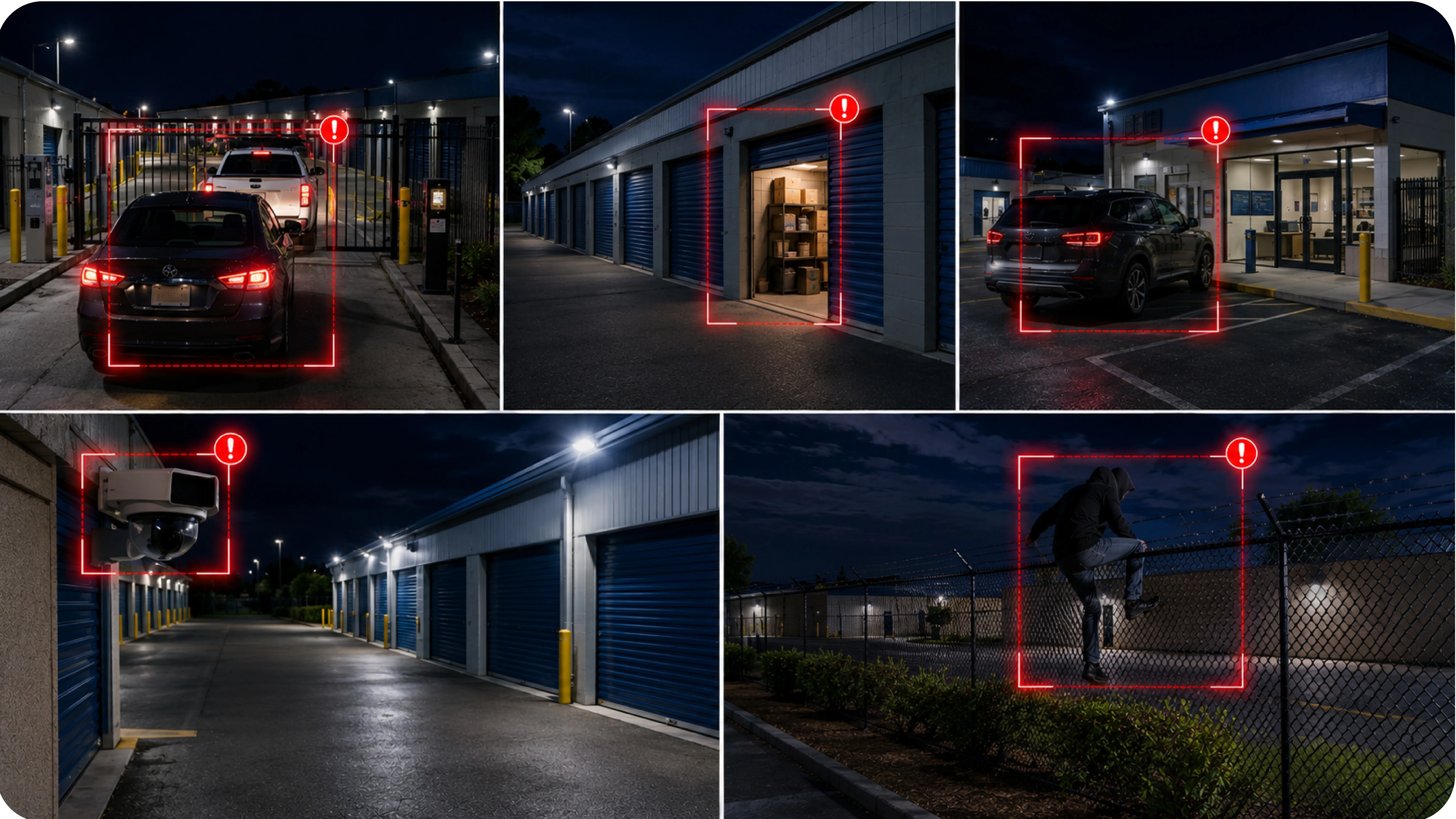 Frames from a round across the self-storage site, each with its alert raised