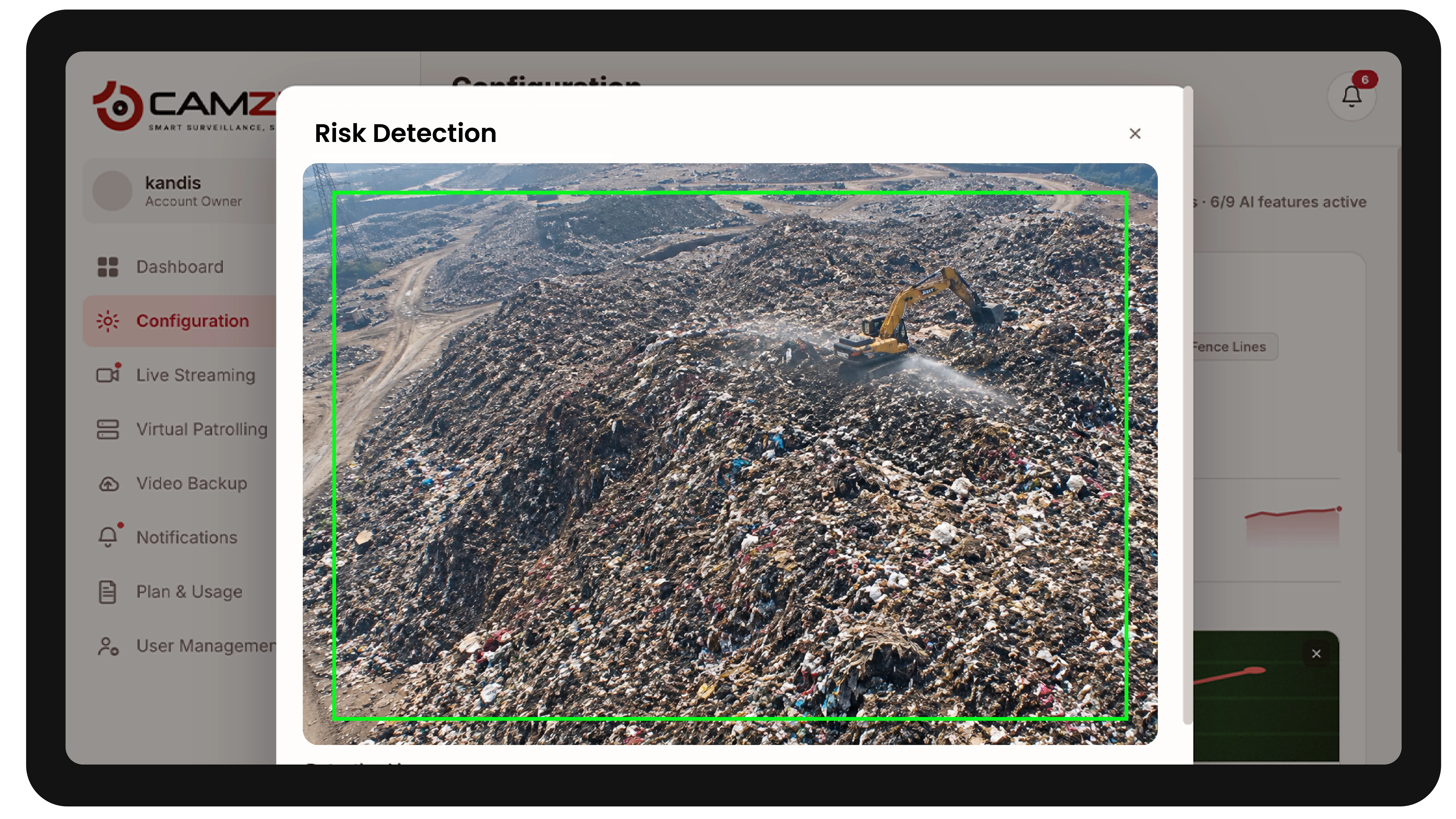 The console configuring a detection on a waste management camera, the zone drawn over the live frame