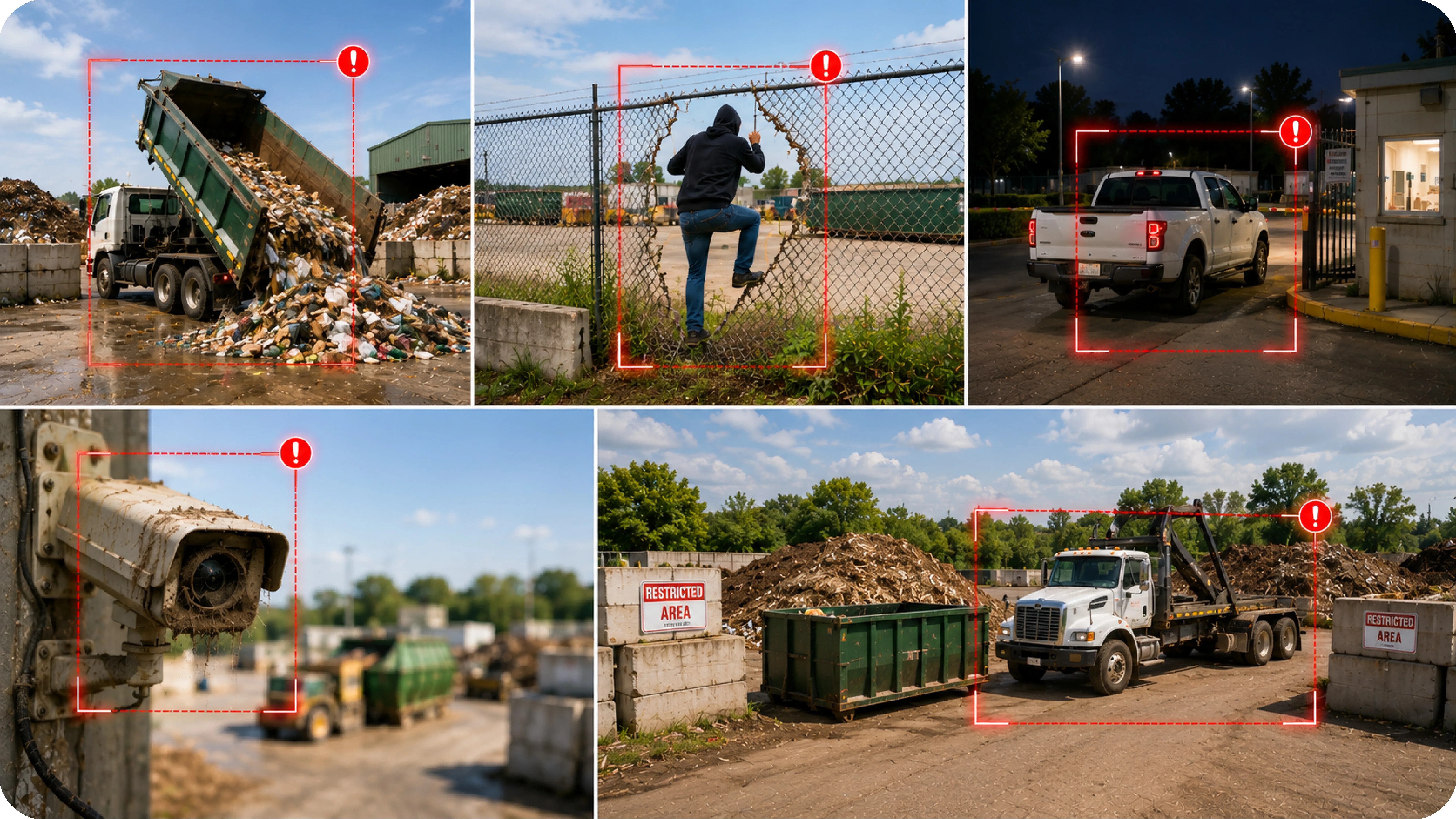 Frames from a round across the waste management site, each with its alert raised