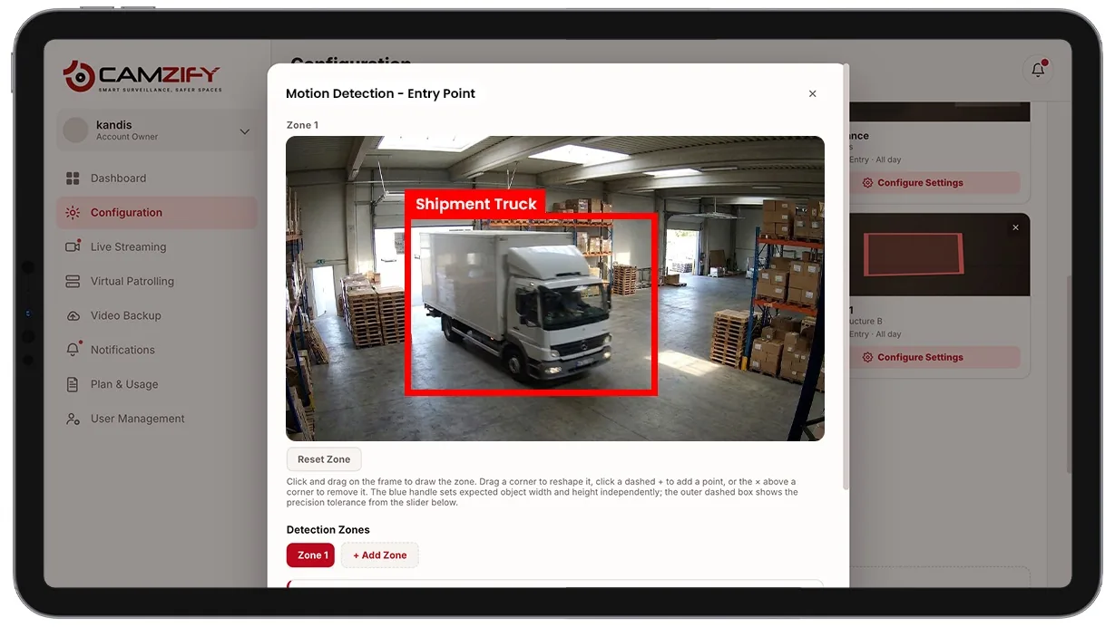 Camzify motion detection zone configuration showing a shipment truck flagged inside a drawn detection zone at a warehouse entry point