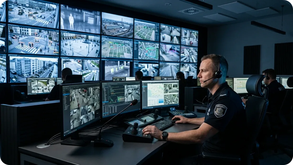 A security officer in a control room watching a wall of camera feeds