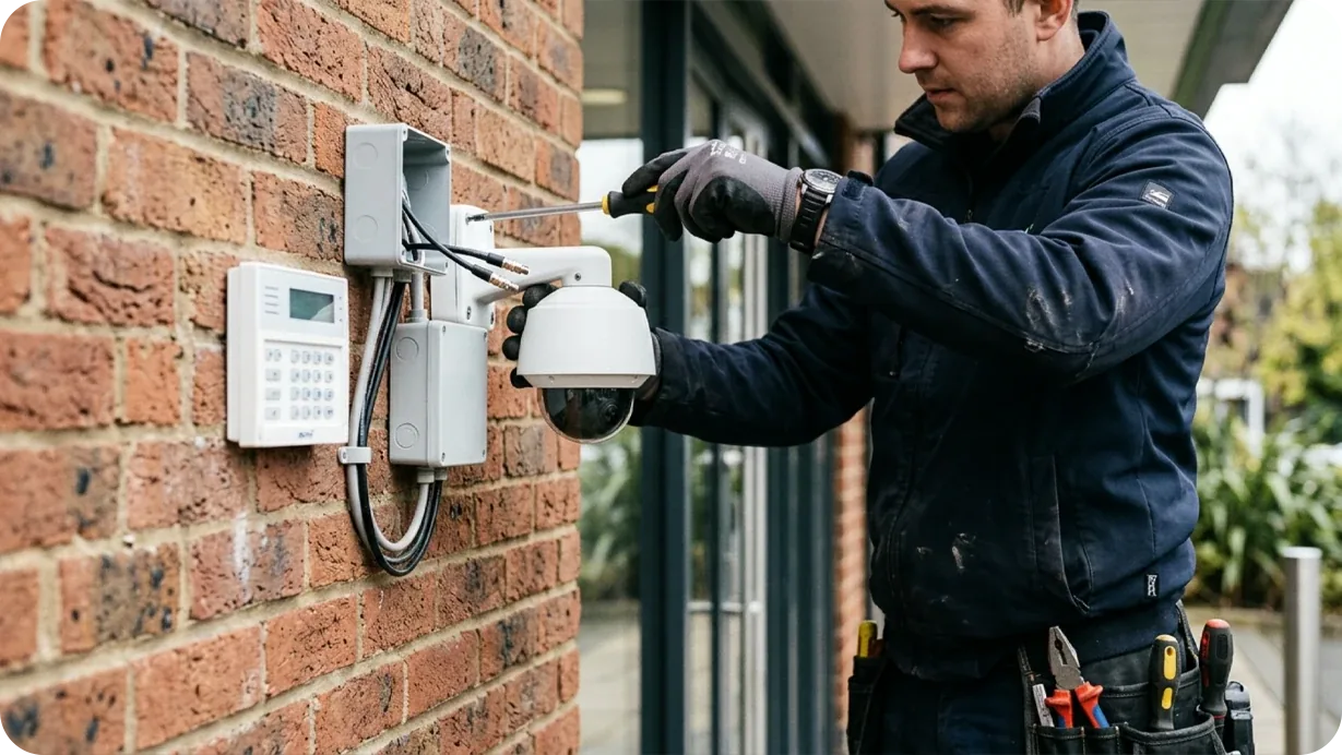 An installer mounting a dome camera on a brick wall beside an alarm panel