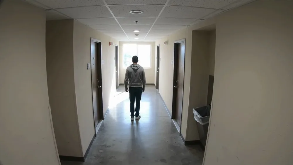 Corridor camera showing a person mid-corridor