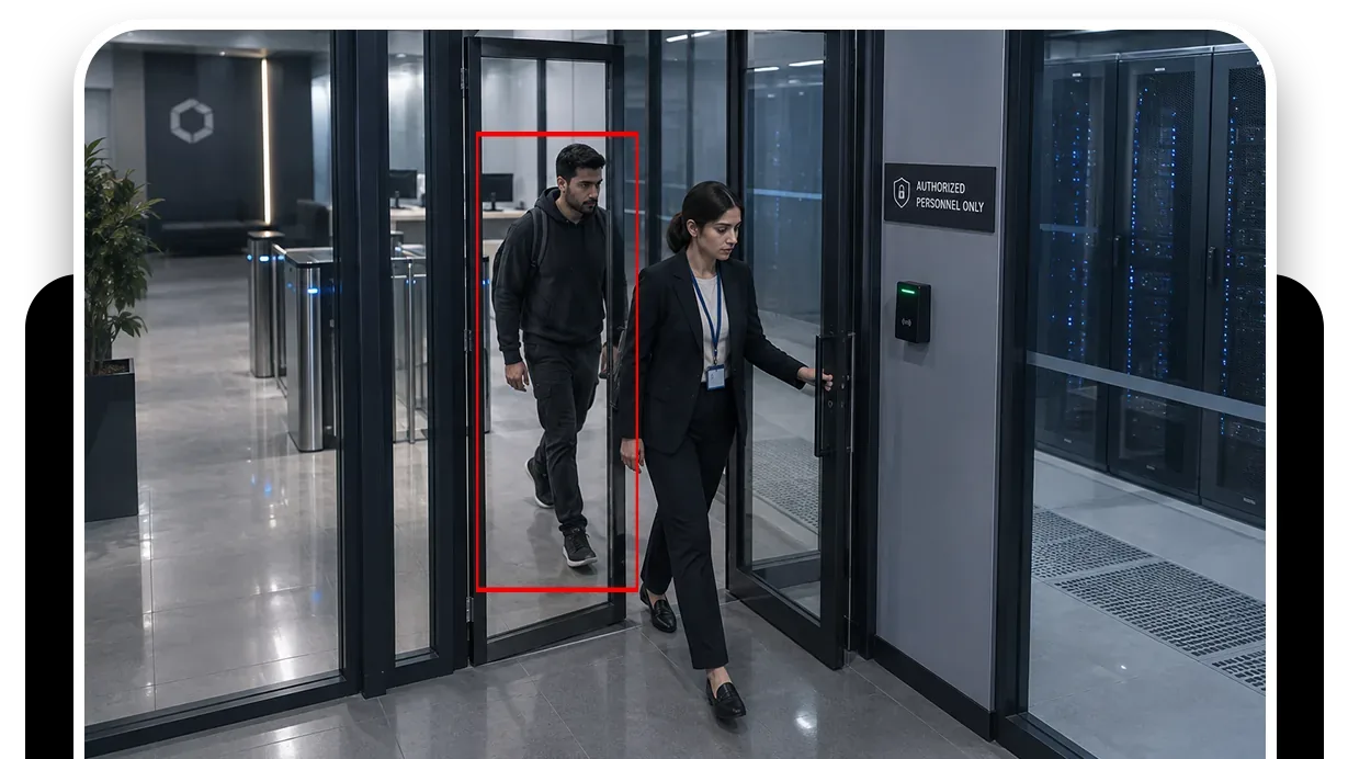 A camera view of a glass office door with a badge reader, a woman holding it open with her badge on a lanyard and a man following her through, outlined by the console as a person