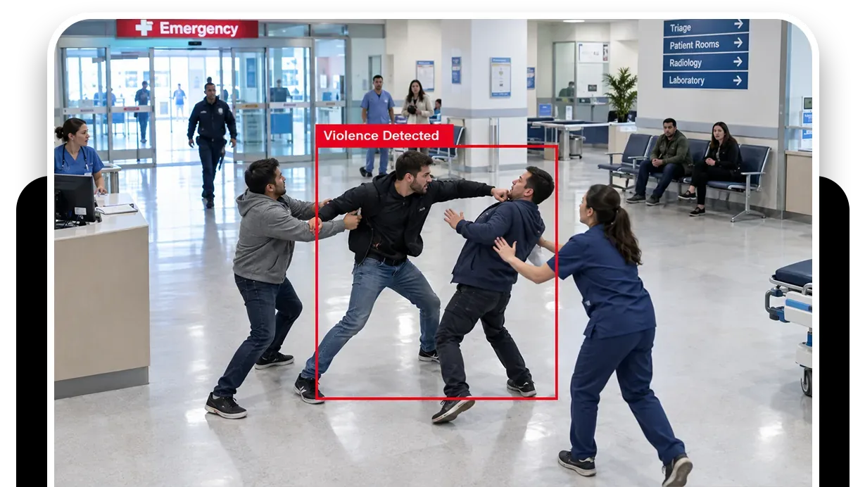 The console live view of a public square with a group of people outlined and a Violence Detected label as two of them grapple
