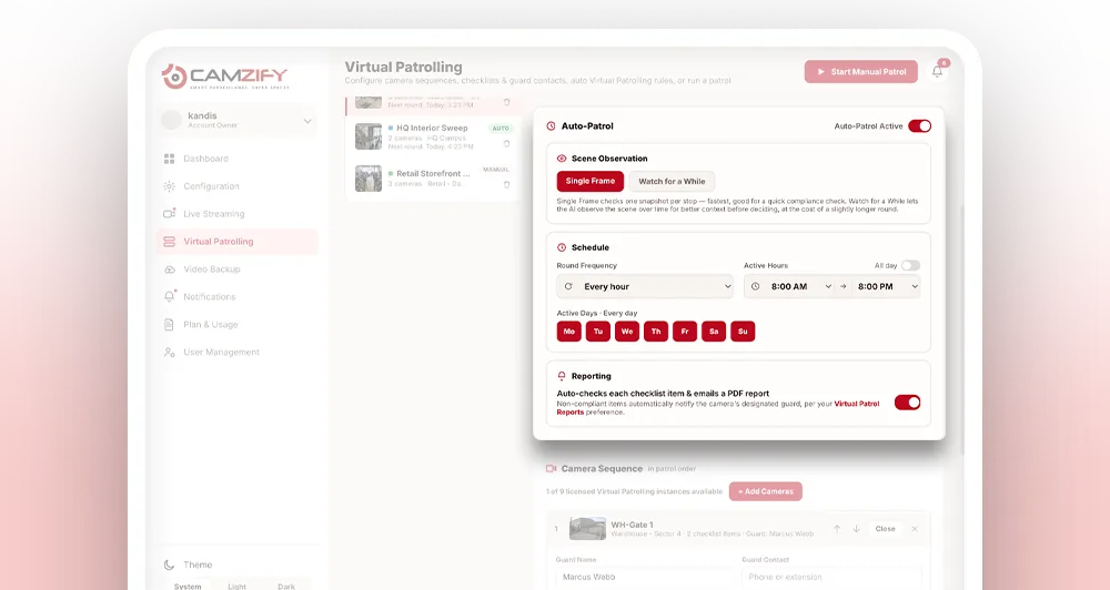 Auto-Patrol settings in the Camzify console: scene observation, schedule frequency, active hours and active days