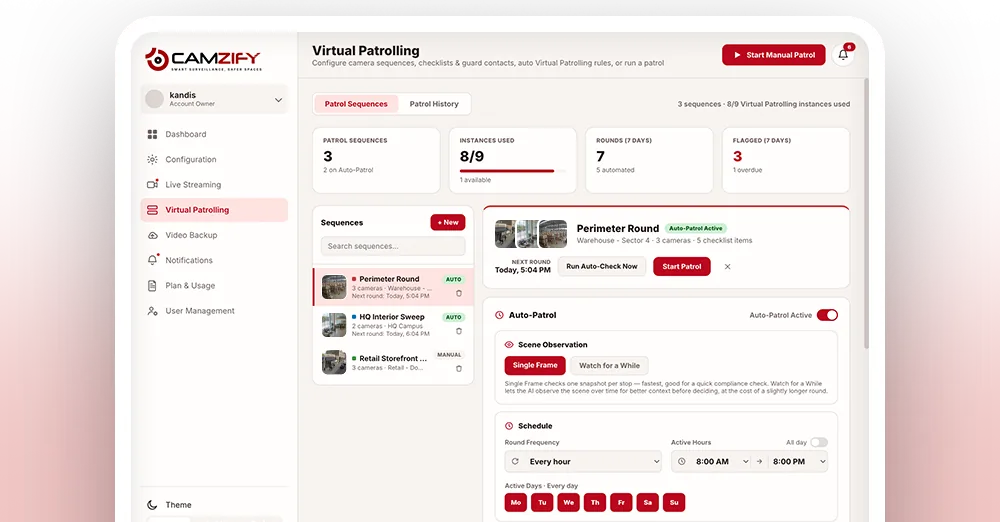The virtual patrolling screen in the Camzify console with sequences and rounds for one site