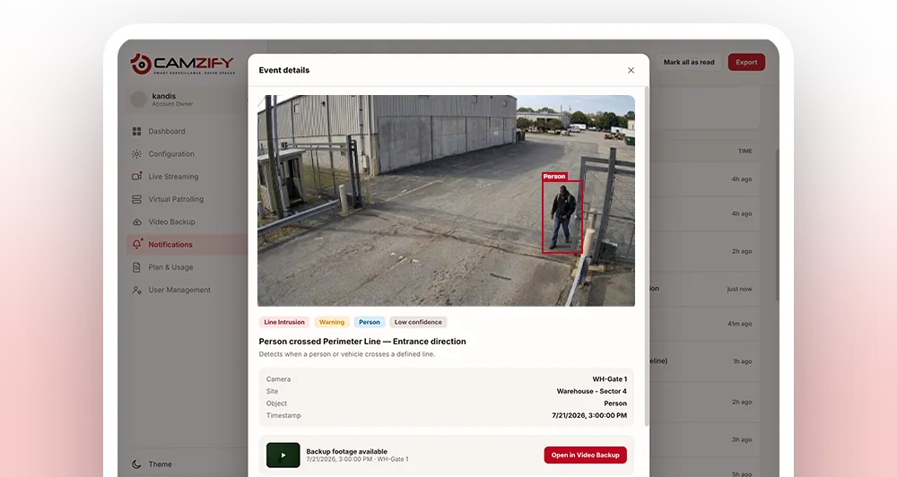 An event detail in the Camzify console showing the camera snapshot behind a failed check and the guard message sent