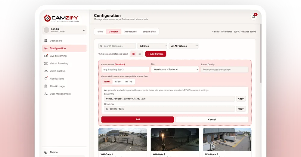 The camera configuration screen with cameras added by RTSP, RTMP and HTTPS