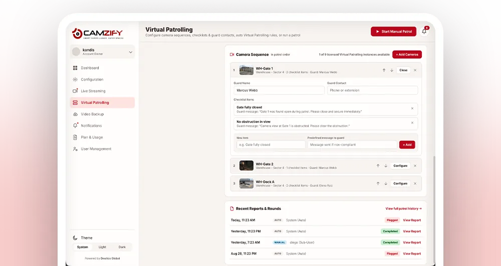 Checklist items and the guard to notify assigned to a camera stop
