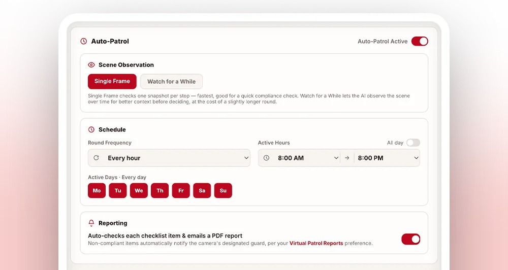 Auto-Patrol settings: scene observation, frequency, active hours and days
