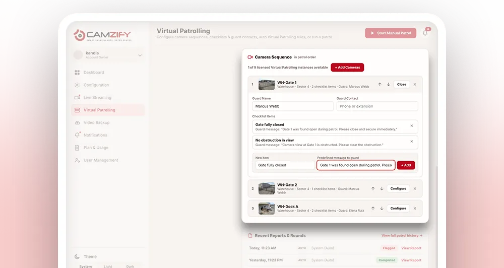 Configuring a patrol sequence and its per-camera checklist in the Camzify console