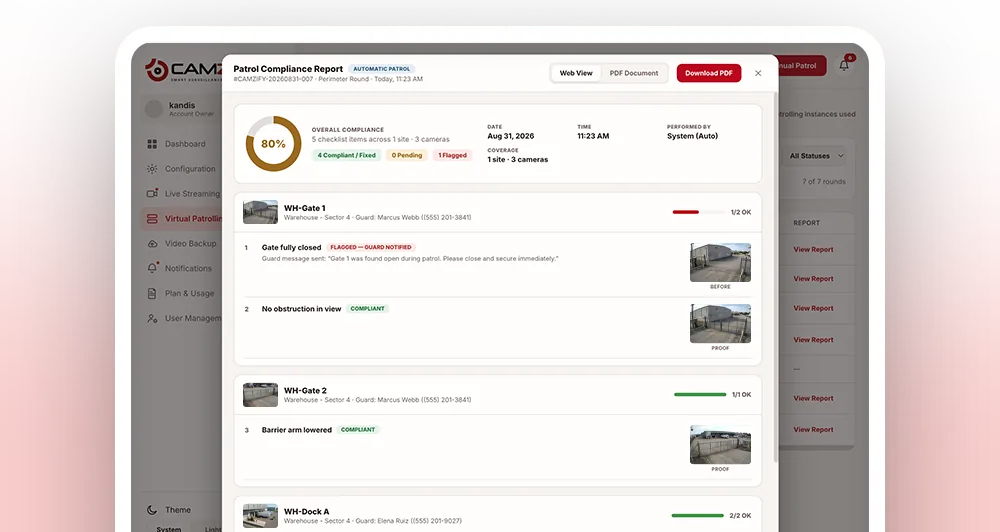 A patrol compliance report in the Camzify console with the checklist results and snapshots