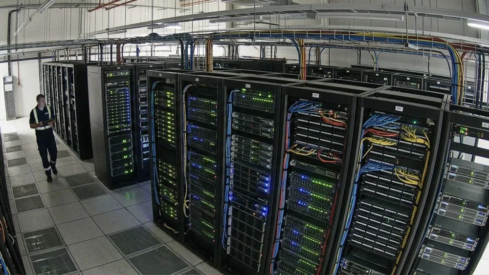 Eine Kamera im Serverraum: Rackreihen, ein Techniker geht durch den Gang