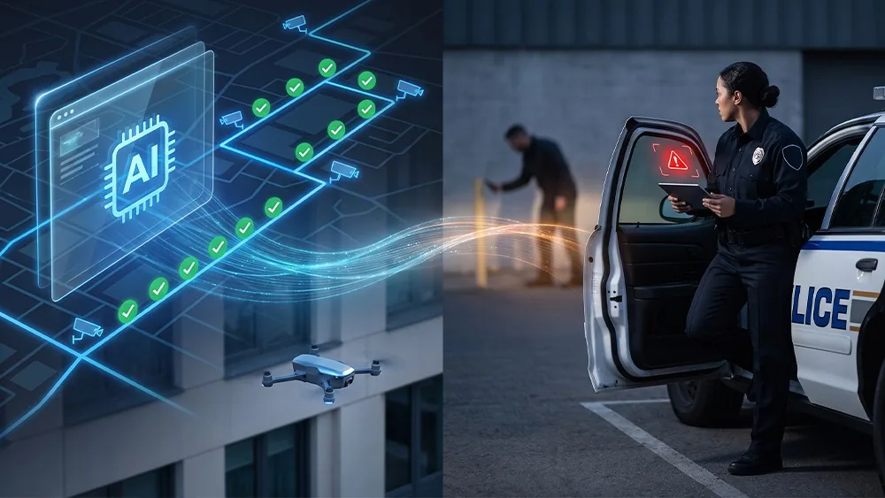 A security officer at a patrol car alongside an AI camera network, the blended model of guards and virtual rounds