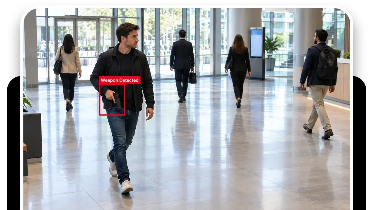 The console live view of a lobby by a revolving door, one person outlined with a Gun Detected label while others walk past